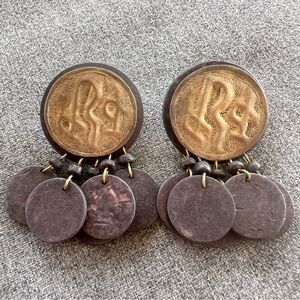 Gold & Bronze Tribal Pattern Disc Drop Earrings